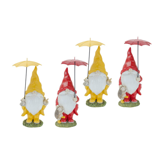 Garden-Gnome-with-Umbrella-and-Woodland-Animals,-Set-of-4-Christmas-Decor