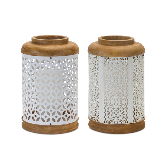 Geometric-Punched-Metal-Lantern,-Set-of-2-Candle-Holders
