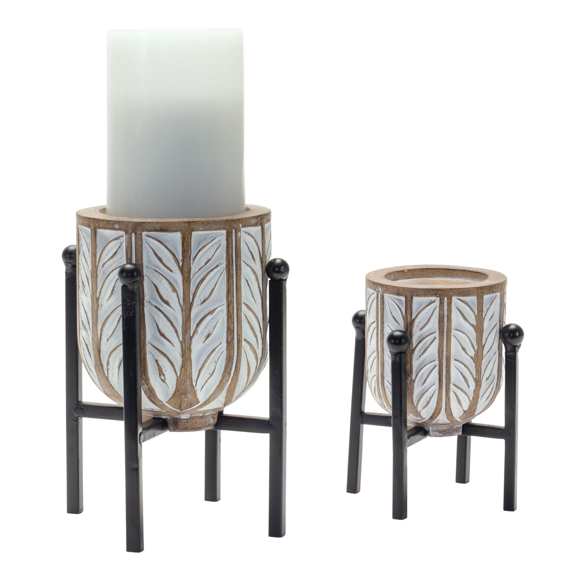 Geometric-Wood-Design-Candle-Holder-with-Metal-Stand,-Set-of-2-Candle-Holders