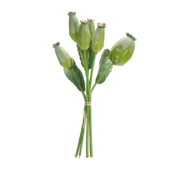 Green-Poppy-Pod-Foliage-Bundles,-Set-of-6-Faux-Florals