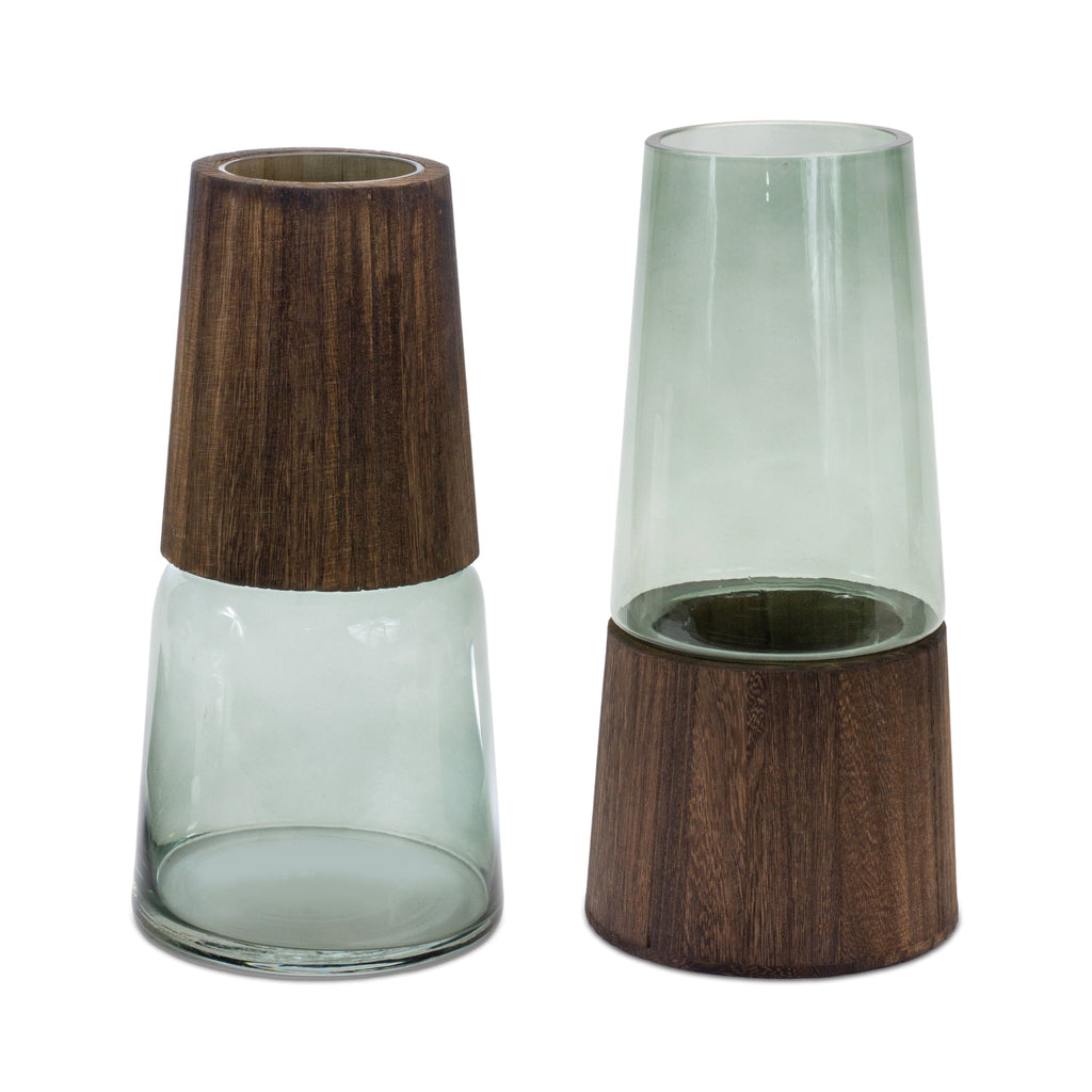 Green Tapered Glass Vase with Wood Accent, Set of 2 - Pier 1