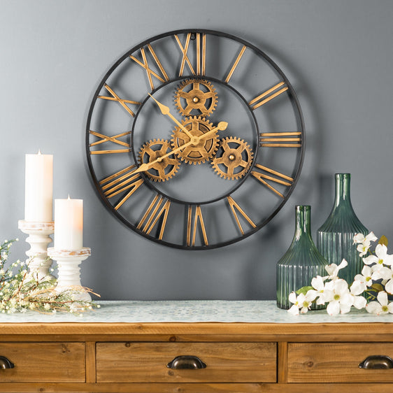 Industrial Iron Gears Wall Clock with Roman Numerals 23.75" - Pier 1