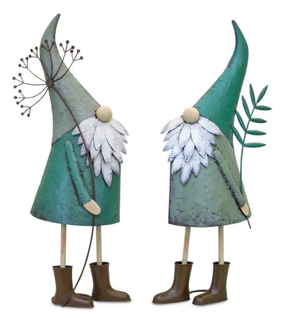 Iron Metal Standing Garden Gnome with Flower, Set of 2 - Pier 1