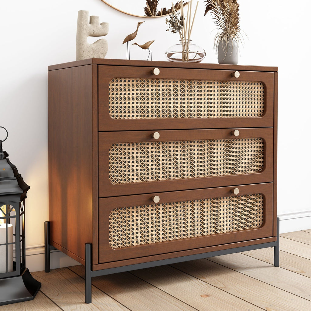 Jasper 3 Drawer Wood Dresser with Rattan Inlay and Modern Industrial Legs, Walnut - Dressers