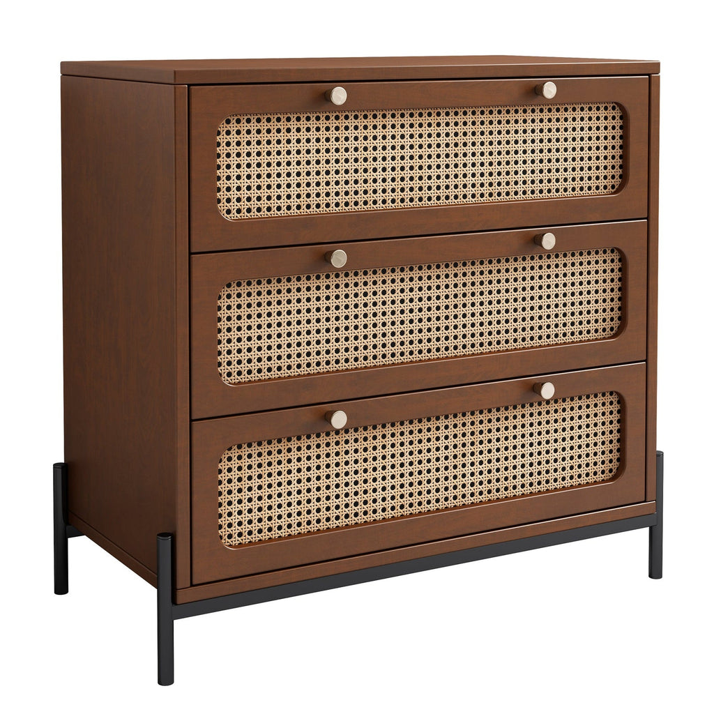 Jasper 3 Drawer Wood Dresser with Rattan Inlay and Modern Industrial Legs, Walnut - Dressers
