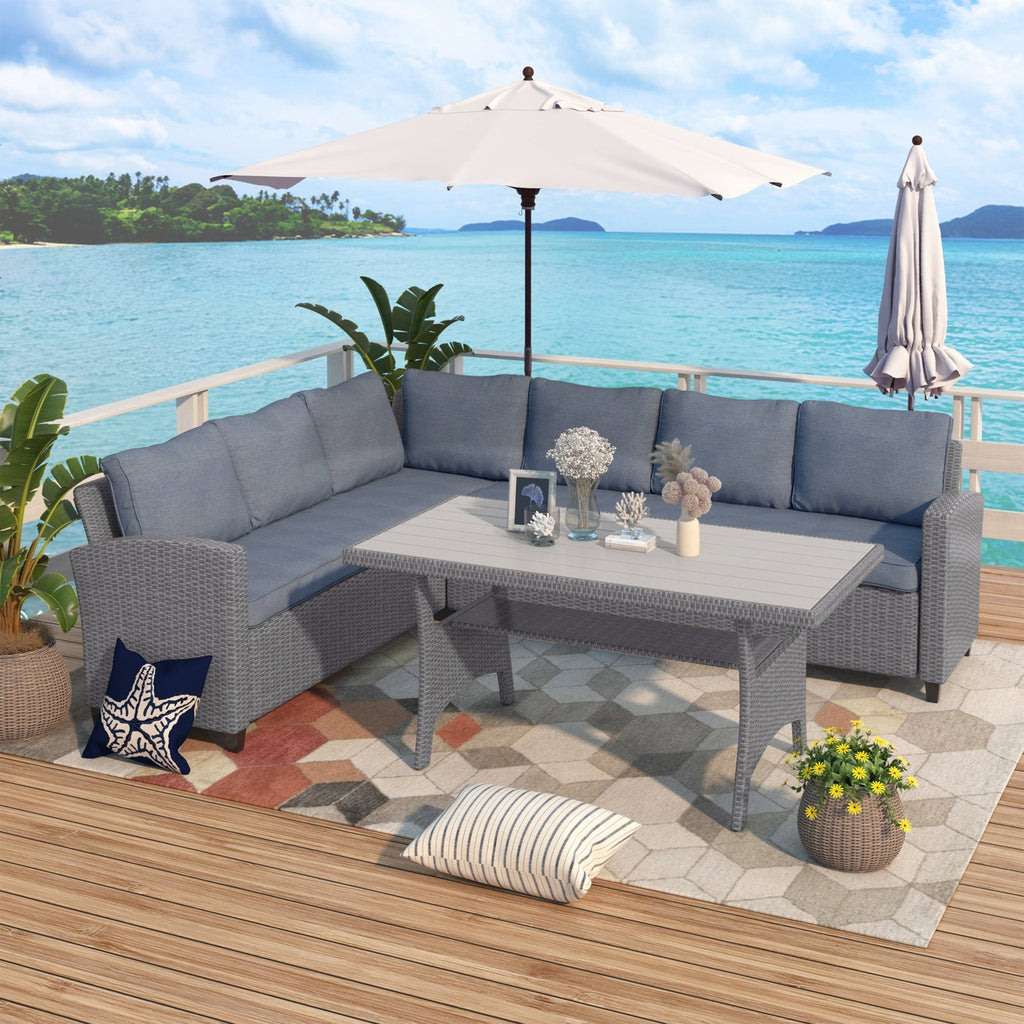 Jasper Outdoor PE Wicker Set with Sectional Sofa Set, Table and Soft Cushions - Outdoor Seating