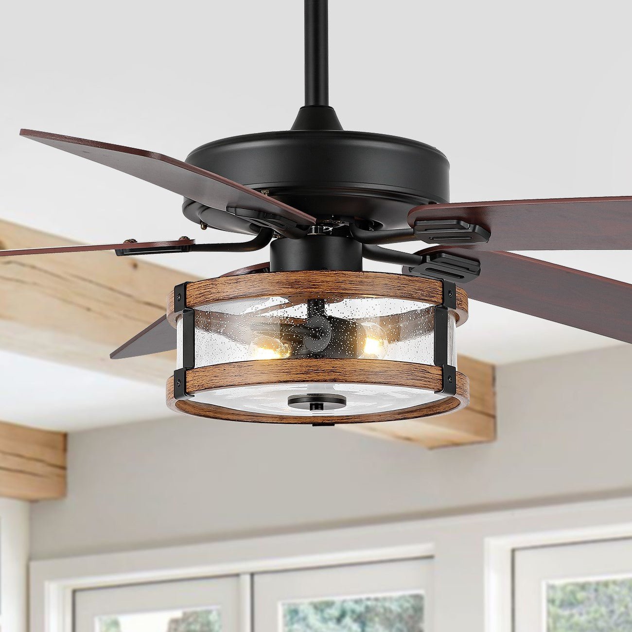 Joanna Light Rustic Industrial Iron/Wood/Seeded Glass MobileApp/RemoteControlled LED Ceiling Fan - Fans