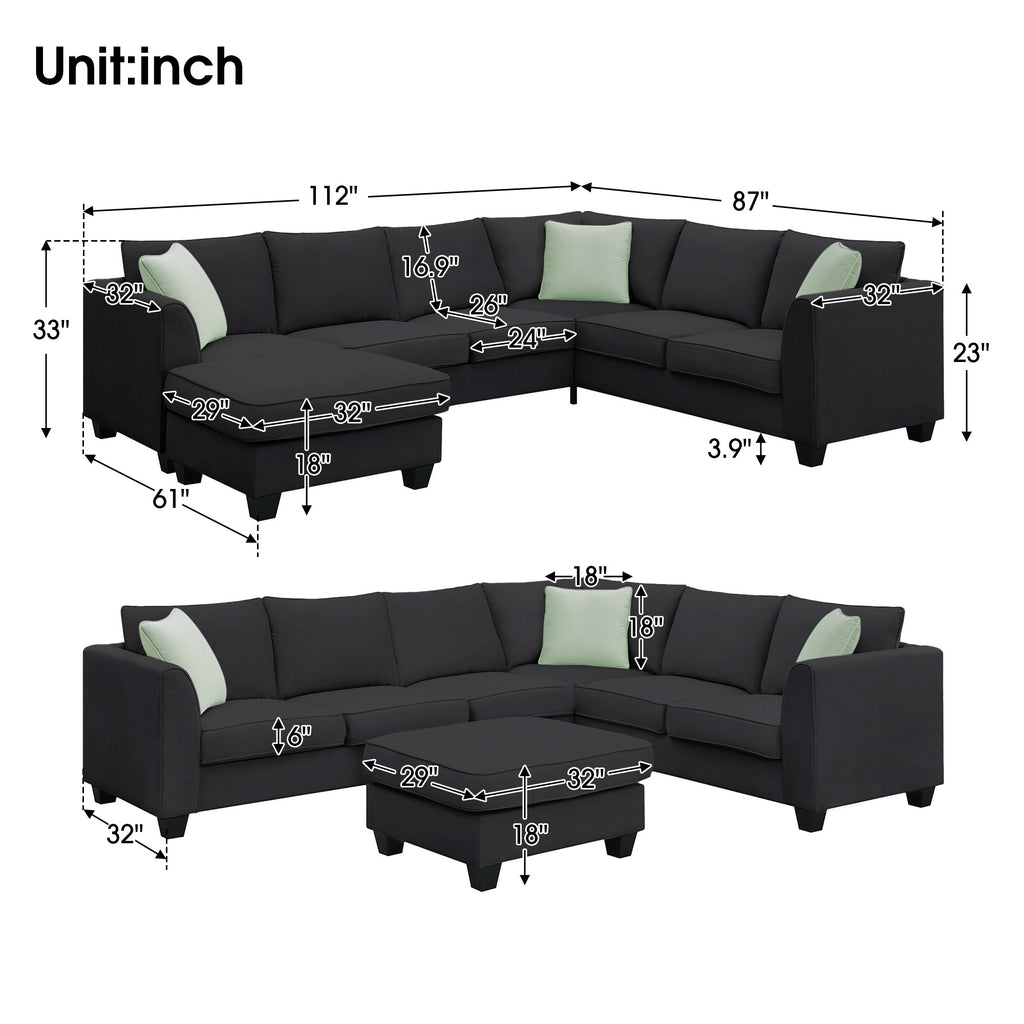 Jordan 3 Piece L Shaped Sectional Sofa with Ottoman and 3 Pillows - Sofas