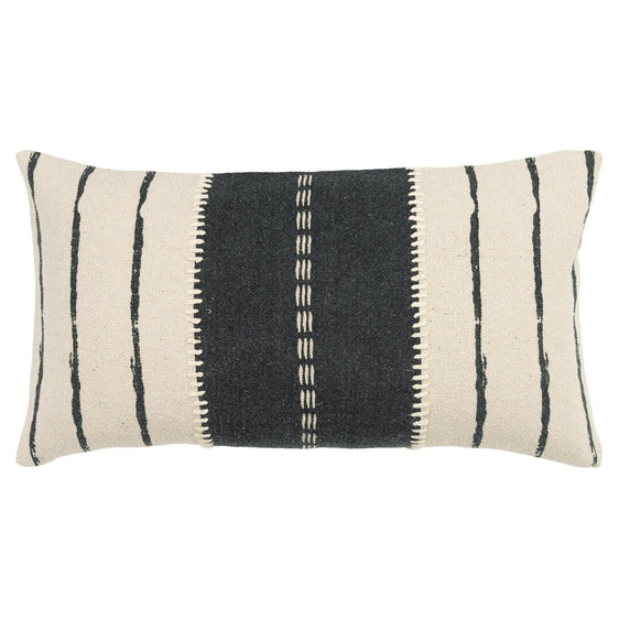 Knife Edge Print And Applied Embellishment Cotton Canvas Stripe Pillow Cover - Decorative Pillows