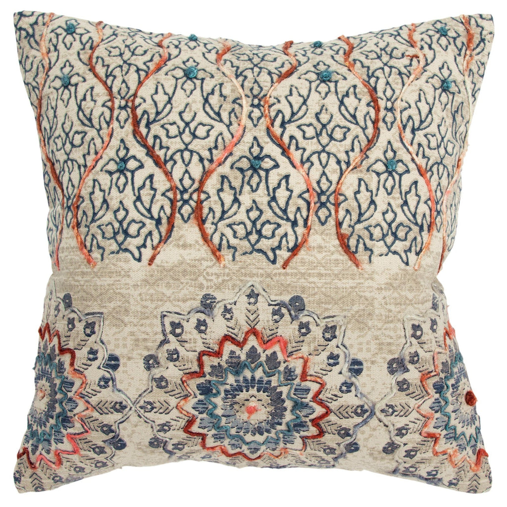 Knife Edge Printed With Embellishment Cotton Medallion With Vining Accents Pillow Cover - Decorative Pillows
