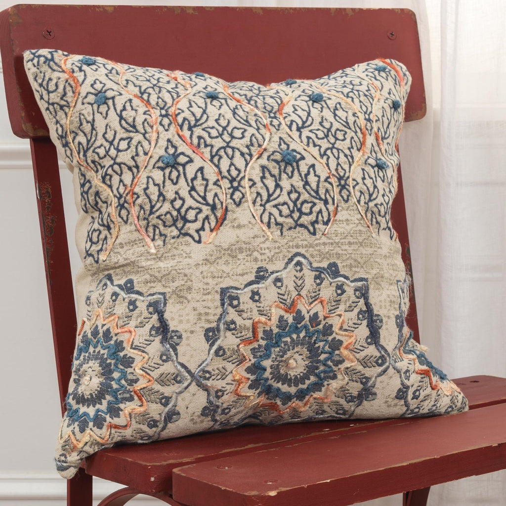 Knife Edge Printed With Embroidery Cotton Medallion With Vining Accents Decorative Throw Pillow - Decorative Pillows