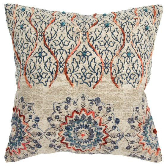 Knife Edge Printed With Embroidery Cotton Medallion With Vining Accents Decorative Throw Pillow - Decorative Pillows