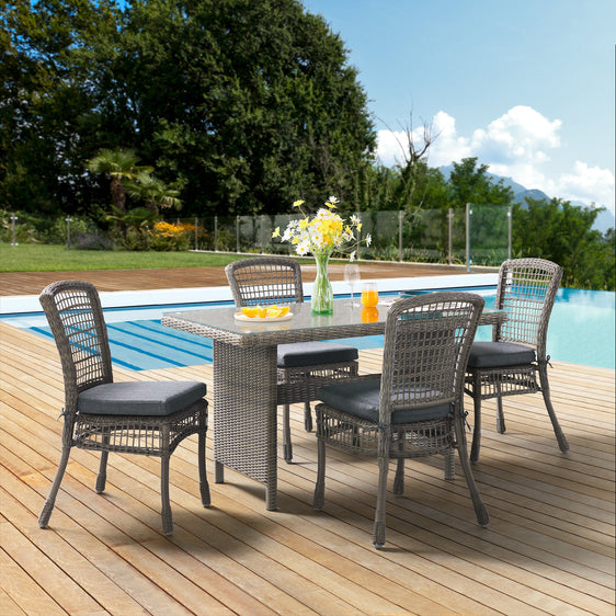 Kobo Gray Asti All-weather Wicker 5-piece Outdoor Dining Set with 30" Dining Table with Glass Top and Four Dining Chairs - Outdoor Dining