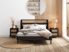 Kyle 3 Piece Bedroom Set with Platform Queen Bed and 2 Nightstands, Black and Natural - Black, Natural - Bedroom Sets