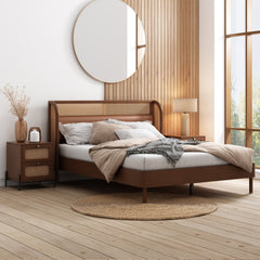 Kyle 3 Piece Bedroom Set with Platform Queen Bed and 2 Nightstands, Black and Natural - Black, Natural - Bedroom Sets