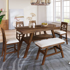 Lauren 6 Piece Counter Height Dining Table Set with Storage Shelf, 4 Chairs and Bench - Dining Set