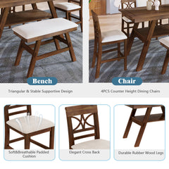 Lauren 6 Piece Counter Height Dining Table Set with Storage Shelf, 4 Chairs and Bench - Dining Set