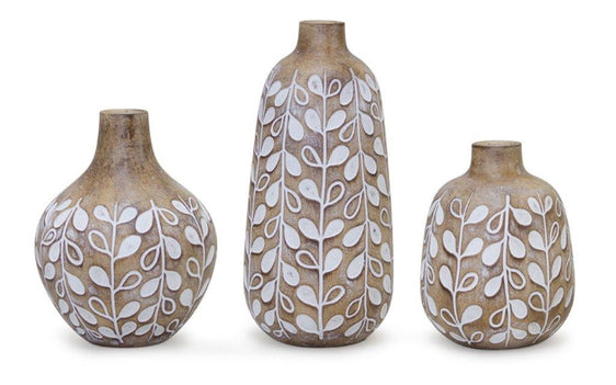 Leaf Print Vase with Wood Design, Set of 3 - Vases