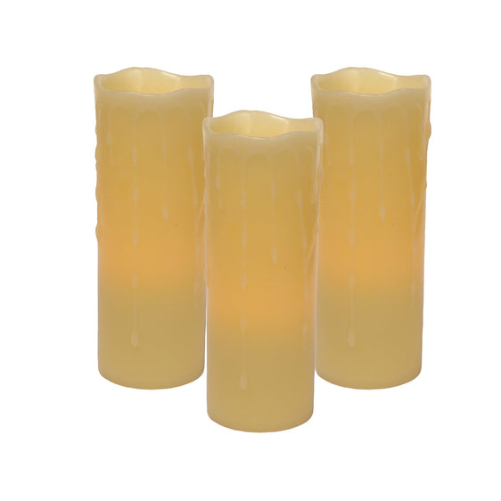 LED Dripping Wax Pillar Candles with Remote (Set of 3) 3"Dx8"H - Candles and Accessories