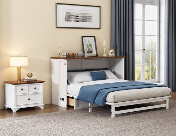 Levi-2-Piece-Wooden-Bedroom-Set-with-Queen-Murphy-Bed-and-Nightstand,-White-and-Walnut-White-Bedroom-Sets