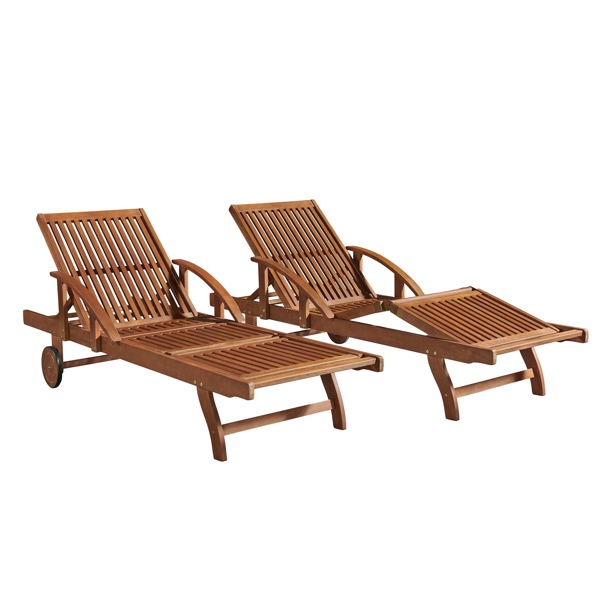 Light Brown Oil Caspian Eucalyptus Wood Outdoor Lounge Chair with Arms and Adjustable Leg Rest, Set of 2 - Outdoor Seating