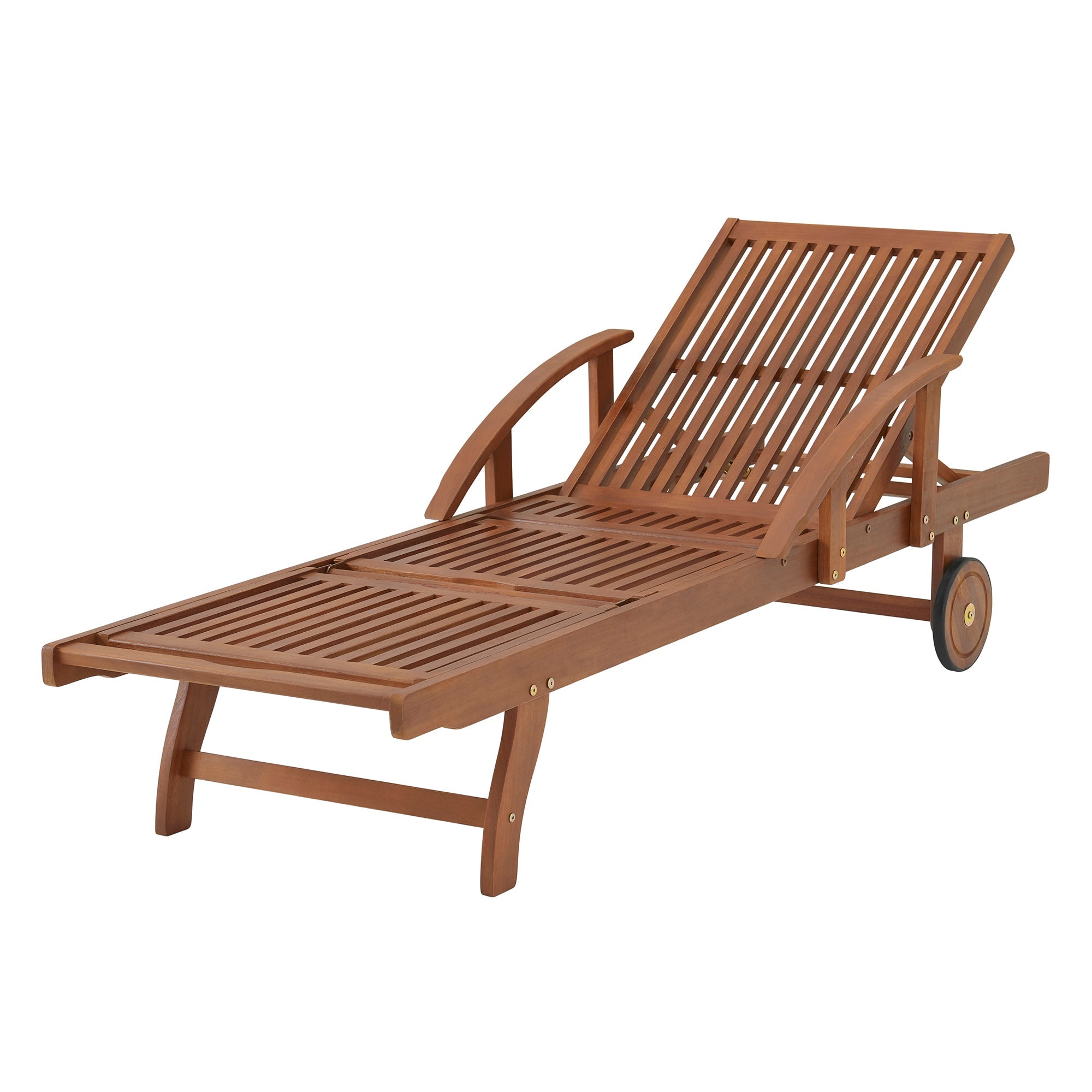Light Brown Oil Caspian Eucalyptus Wood Outdoor Lounge Chair with Arms and Adjustable Leg Rest - Outdoor Seating