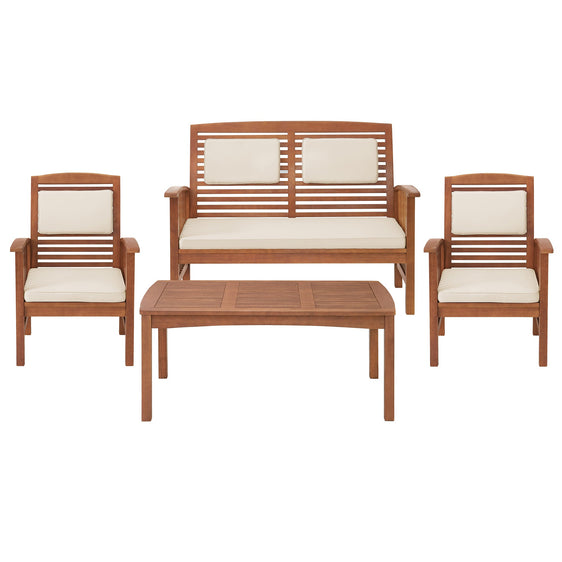 Light-Brown-Oil-Lyndon-Eucalyptus-Wood-Conversation-Set-with-2-seat-Bench,-Set-of-2-Chairs,-and-Cocktail-Table-Outdoor-Seating