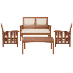 Light Brown Oil Lyndon Eucalyptus Wood Conversation Set with 2-seat Bench, Set of 2 Chairs, and Cocktail Table - Outdoor Seating