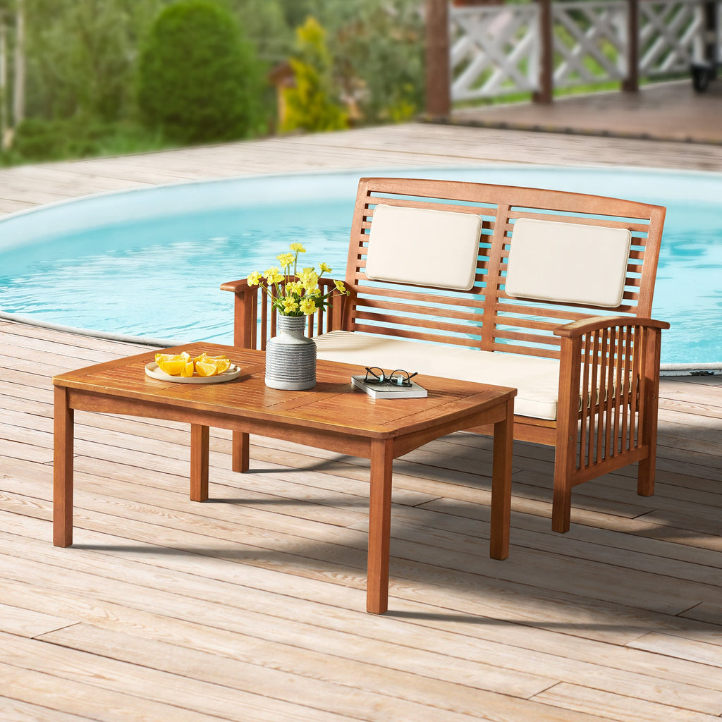 Light Brown Oil Lyndon Eucalyptus Wood Outdoor 2-piece Set with Bench and Cocktail Table - Outdoor Seating