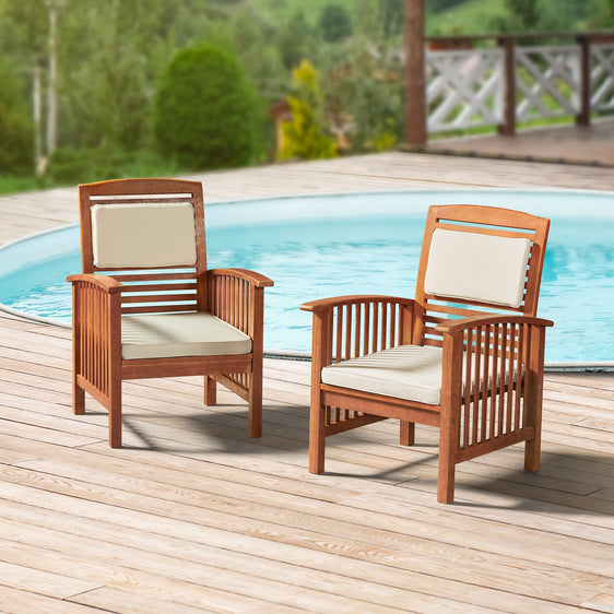 Light Brown Oil Lyndon Eucalyptus Wood Outdoor Chair with Cushions, Set of 2 - Outdoor Seating