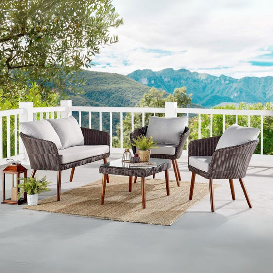 Light Gray Athens All-weather Wicker Outdoor Conversation Set with 35" Coffee Table, Set of Two Chairs and Two-seat Bench - Outdoor Seating