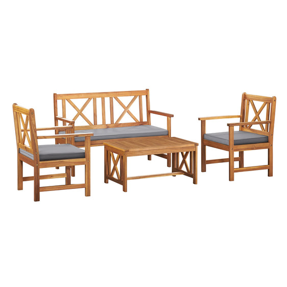 Light Gray Manchester Acacia Outdoor Wood Conversation Set with Double Seat Bench, Coffee Table and 2 Chairs, Set 4 - Outdoor Seating