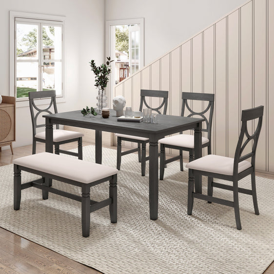 Lincoln 6 Piece Dining Table Set with Upholstered Bench and 4 Chairs - Dining Set