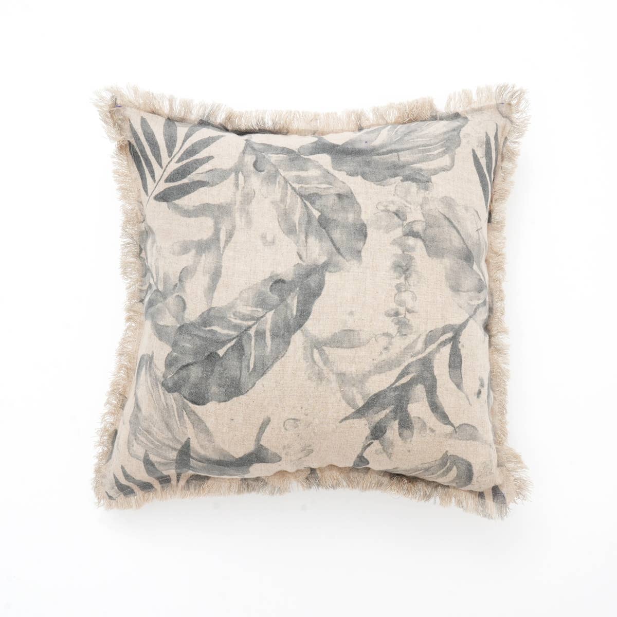 Linen Printed Cushion with Fringes (Grey) - Pillows