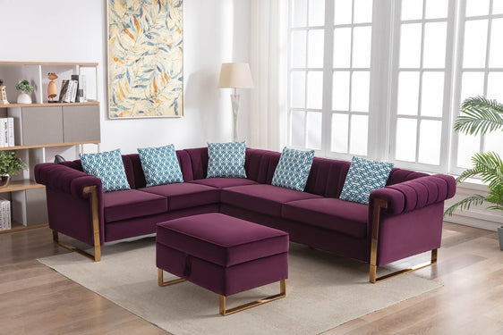 Maddie Velvet 6 Seater Sectional Sofa with Storage Ottoman and 5 Pillows, Purple - Sofas