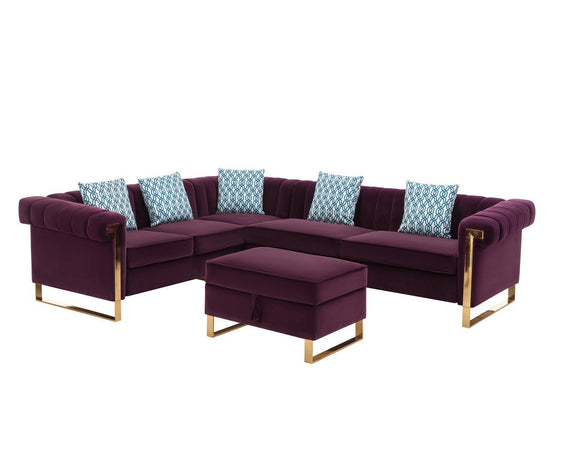 Maddie Velvet 6 Seater Sectional Sofa with Storage Ottoman and 5 Pillows, Purple - Sofas