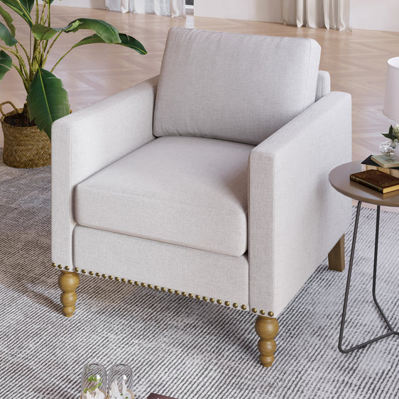 Marlow Upholstered Accent Armchair with Square Arms and Bronze Nailhead Trim, Beige - Accent Chairs