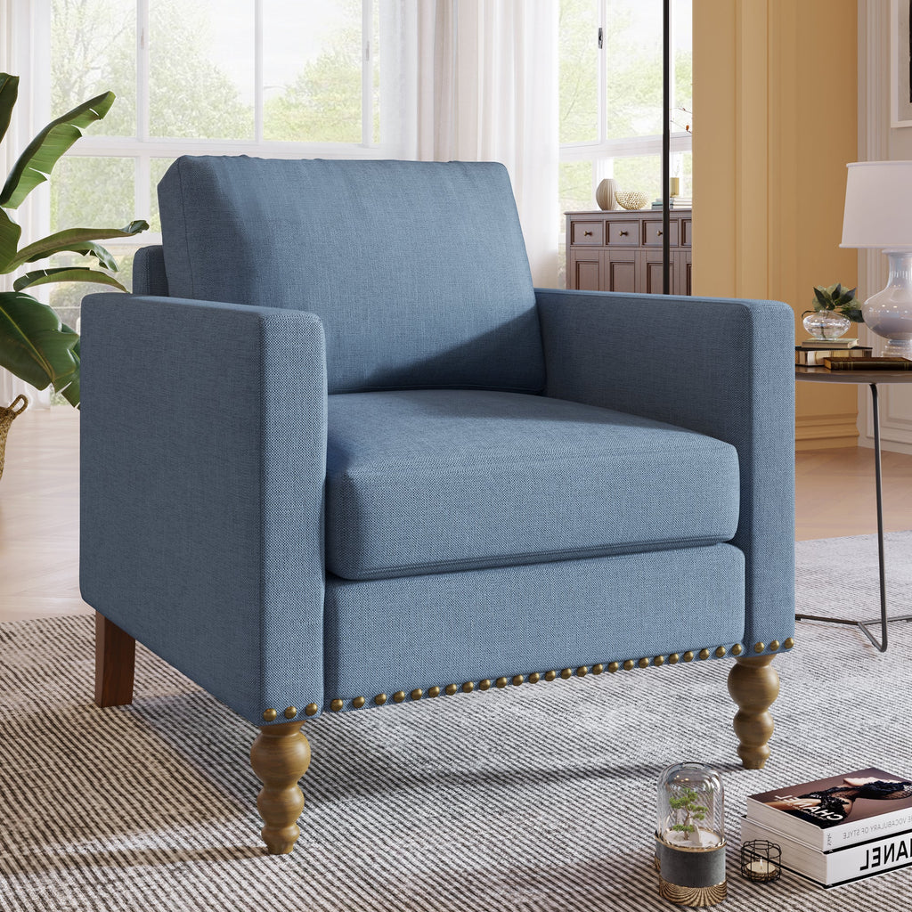 Marlow Upholstered Accent Armchair with Square Arms and Bronze Nailhead Trim, Navy Blue - Accent Chairs