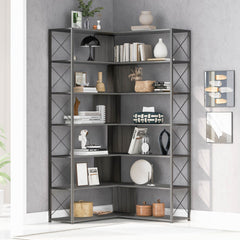 Matilda 7 Tier L Shaped Corner Bookcase with Metal Frame, Industrial Style Shelf with Open Storage - Storage Cabinets