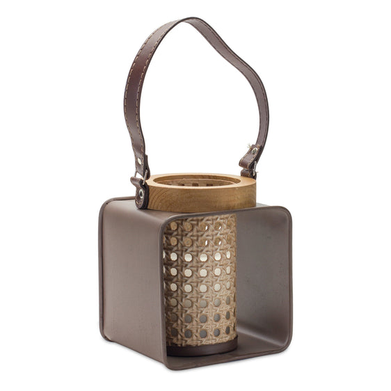 Metal Candle Holder with Wood and Leather Accents - Candles and Accessories