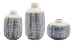 Mini-Terra-Cotta-Bud-Vase-with-Navy-Criss-Cross-Pattern,-Set-of-6-Vases