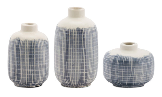 Mini Terra Cotta Bud Vase with Navy Criss Cross Pattern, Set of 6 - Vases