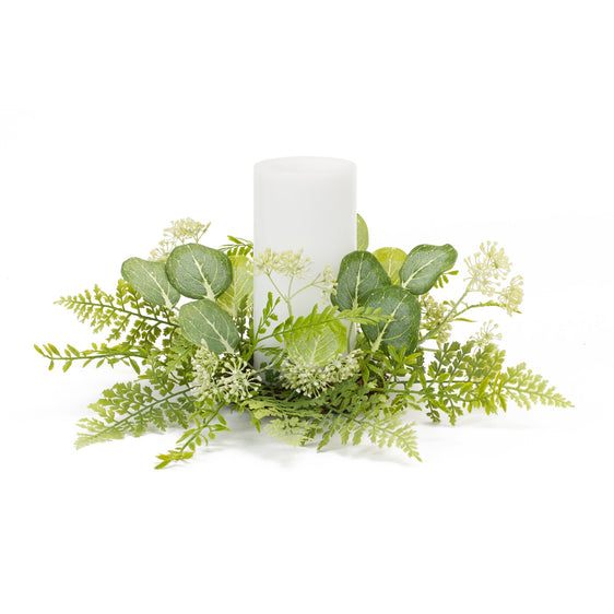 Mixed-Fern-and-Eucalyptus-Foliage-Candle-Ring,-Set-of-4-Candles-and-Accessories
