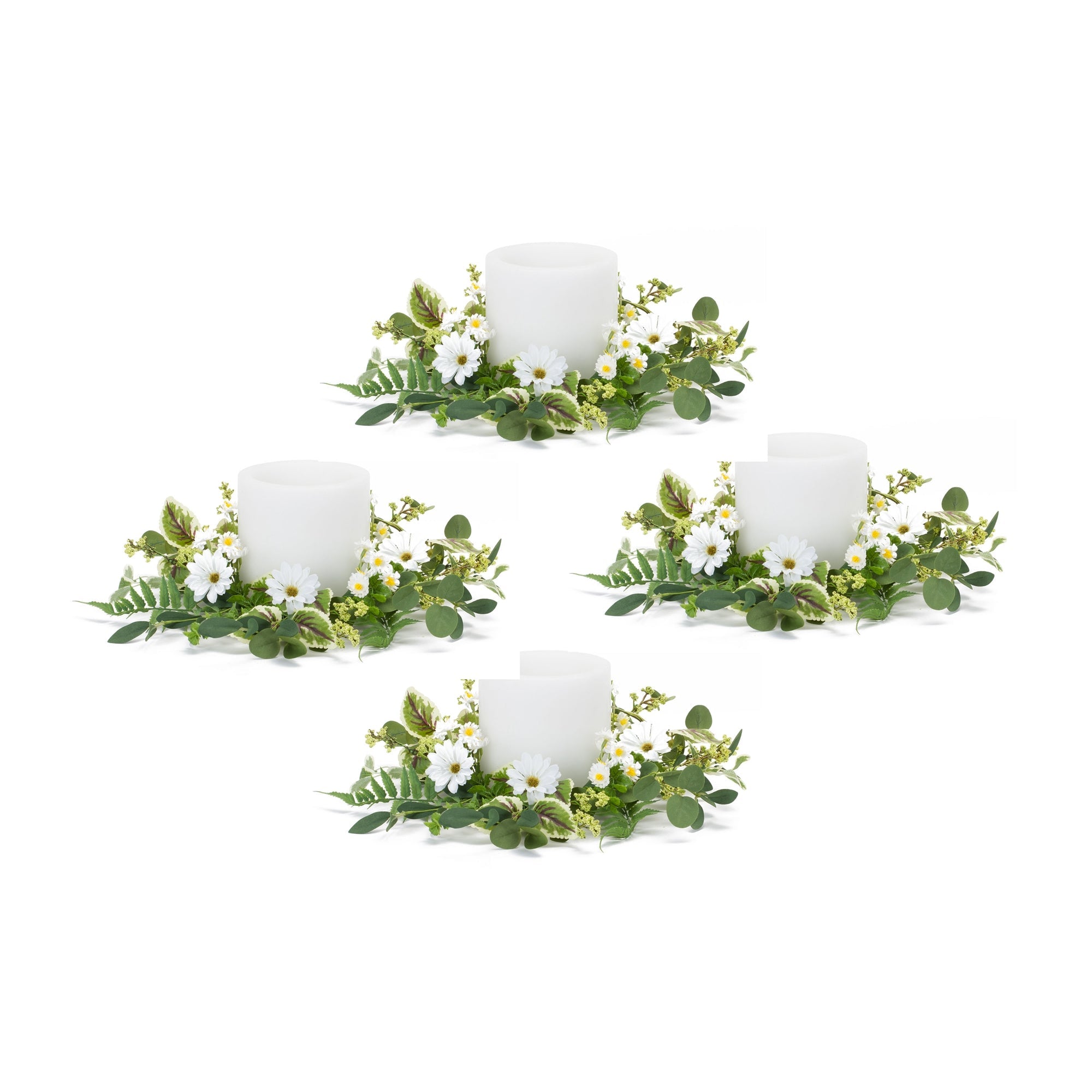 Mixed-Foliage-and-Daisy-Candle-Ring,-Set-of-4-Candles-and-Accessories