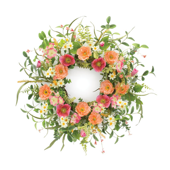 Mixed Poppy Floral Wreath 22" - Wreaths