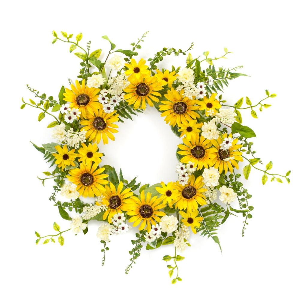 Mixed Sunflower Floral and Fern Wreath 24" - Wreaths