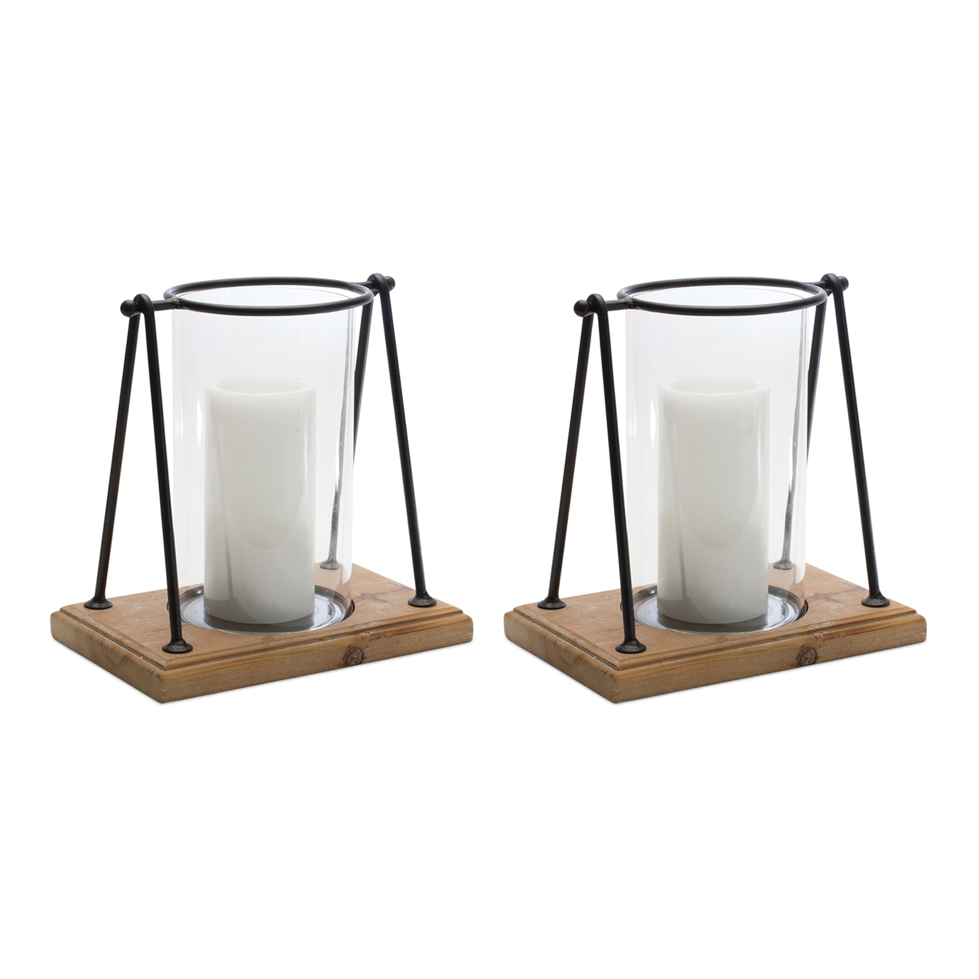 Modern-Framed-Candle-Holder-with-Wood-Base,-Set-of-2-Candle-Holders