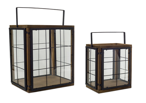 Modern-Wood-Box-Lantern-with-Metal-Panes-(Set-of-2)-Lanterns