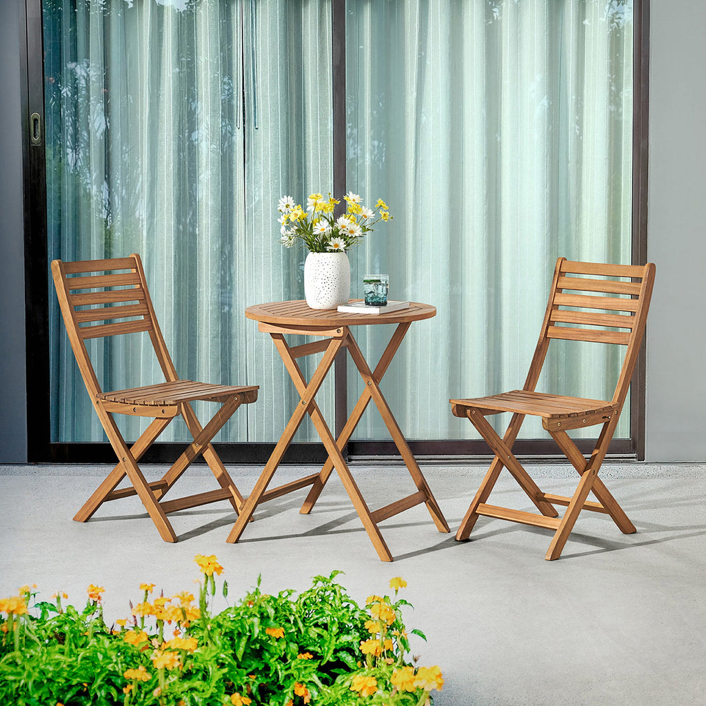 Natural Cabot Folding Table and Chair Set - Round Table and 2 Chairs - Outdoor Seating