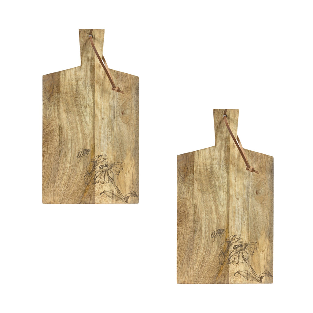 Natural Mango Wood Cutting Board with Etched Floral and Bee Design, Set of 2 - Serveware